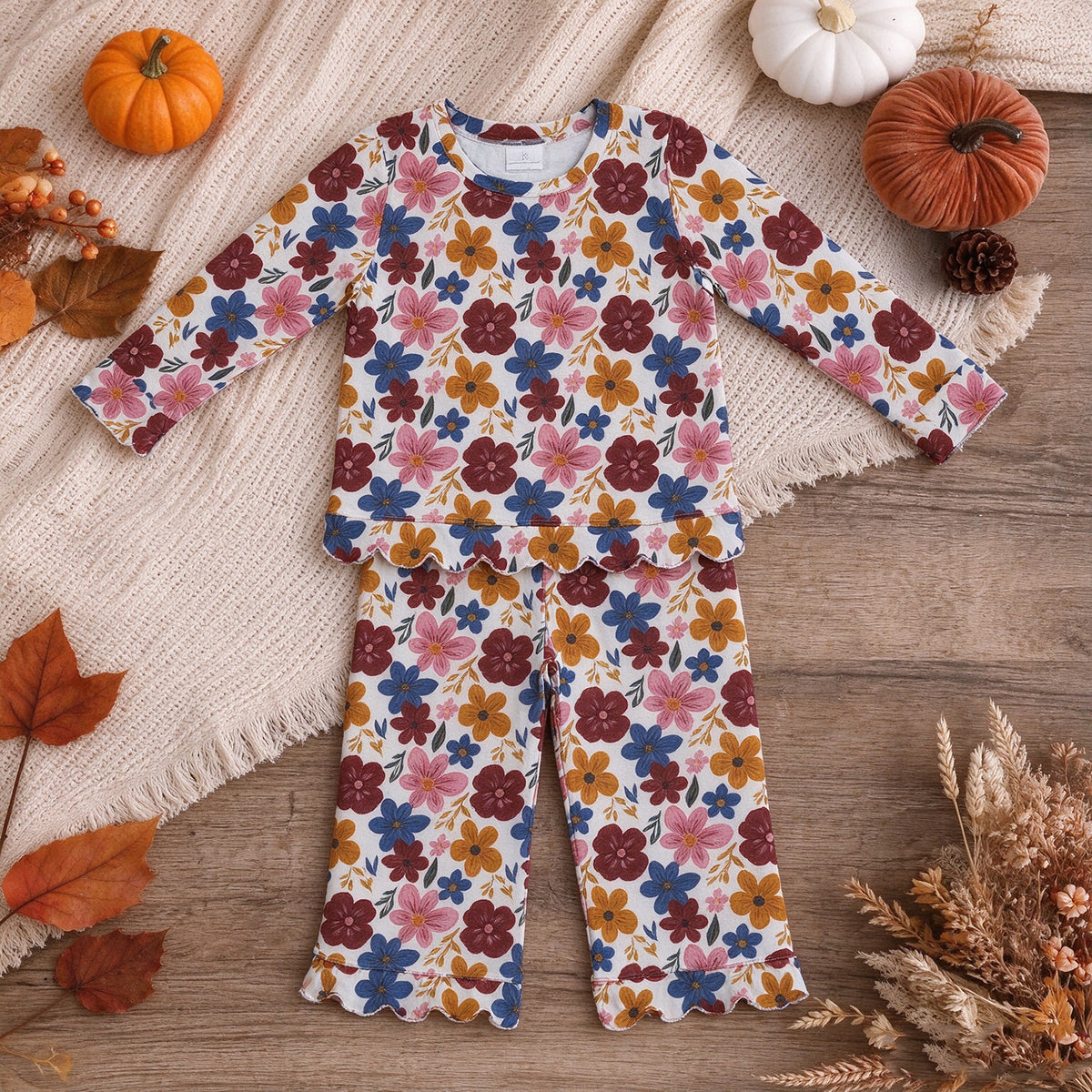 NEW RTS NO MOQ milk silk GLP3690 Baby Girls Colorful Flowers Top Pants Fall Scallop Clothes Sets