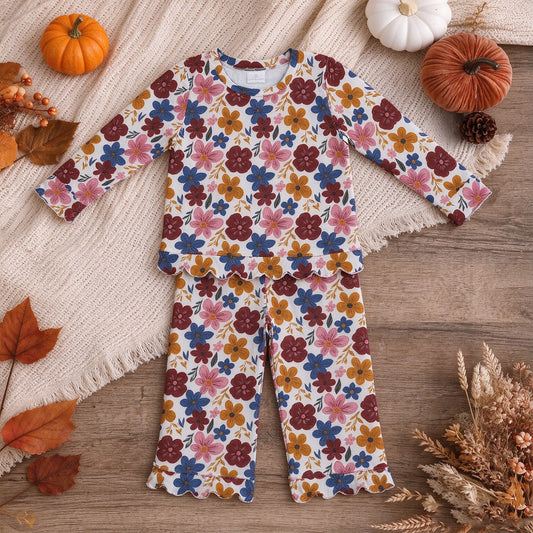 NEW RTS NO MOQ milk silk GLP3690 Baby Girls Colorful Flowers Top Pants Fall Scallop Clothes Sets