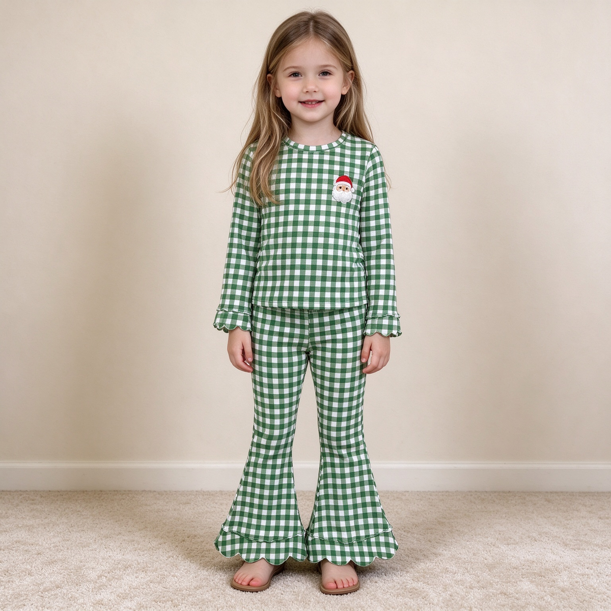 NEW RTS NO MOQ milk silk GLP3589 Embroidery Santa Baby Girls Green Checked Top Scallop Pant Christmas Set