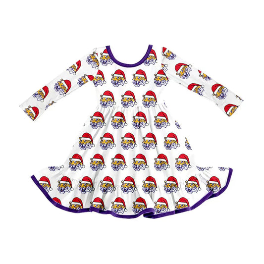 8.13Baby Girls LSU Tiger Team Christmas Ruffle Knee Length Dresses