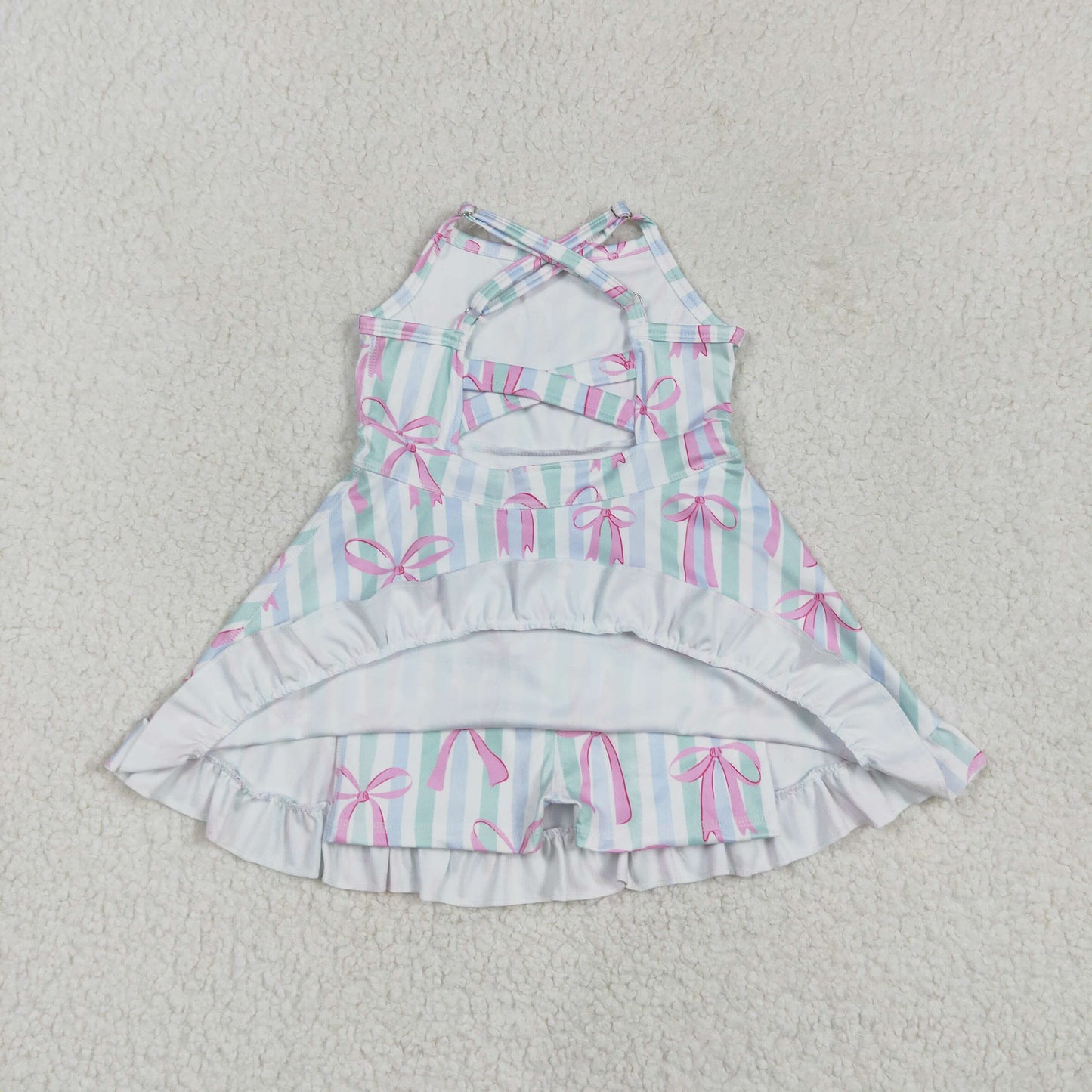 4.17GSD2297 Pink bow pattern blue green striped yoga sleeveless dress