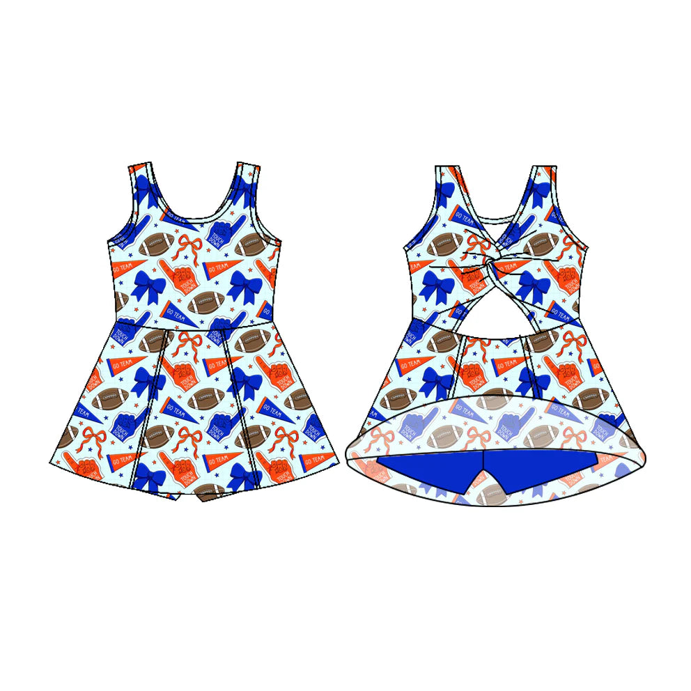 7.22Preorder (moq 5)Baby Girls Sleeveless Orange Blue Bows Footballs Shorts Team Knee Length Dress