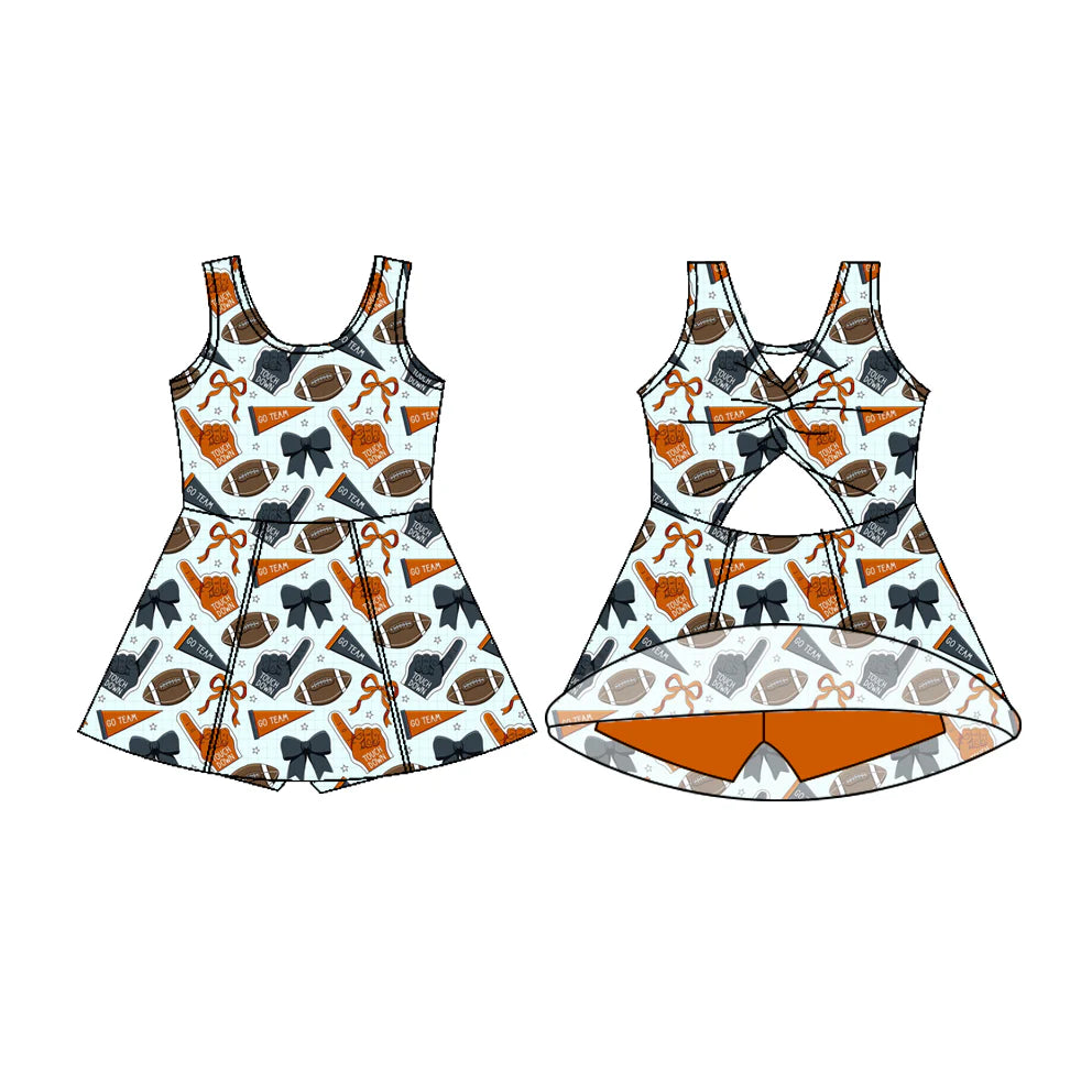 7.22Preorder (moq 5)Baby Girls Sleeveless Orange Navy Bows Footballs Shorts Team Knee Length Dress