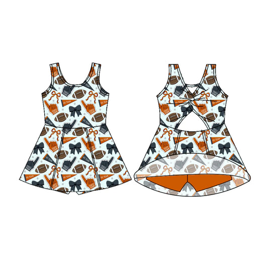 7.22Preorder (moq 5)Baby Girls Sleeveless Orange Navy Bows Footballs Shorts Team Knee Length Dress