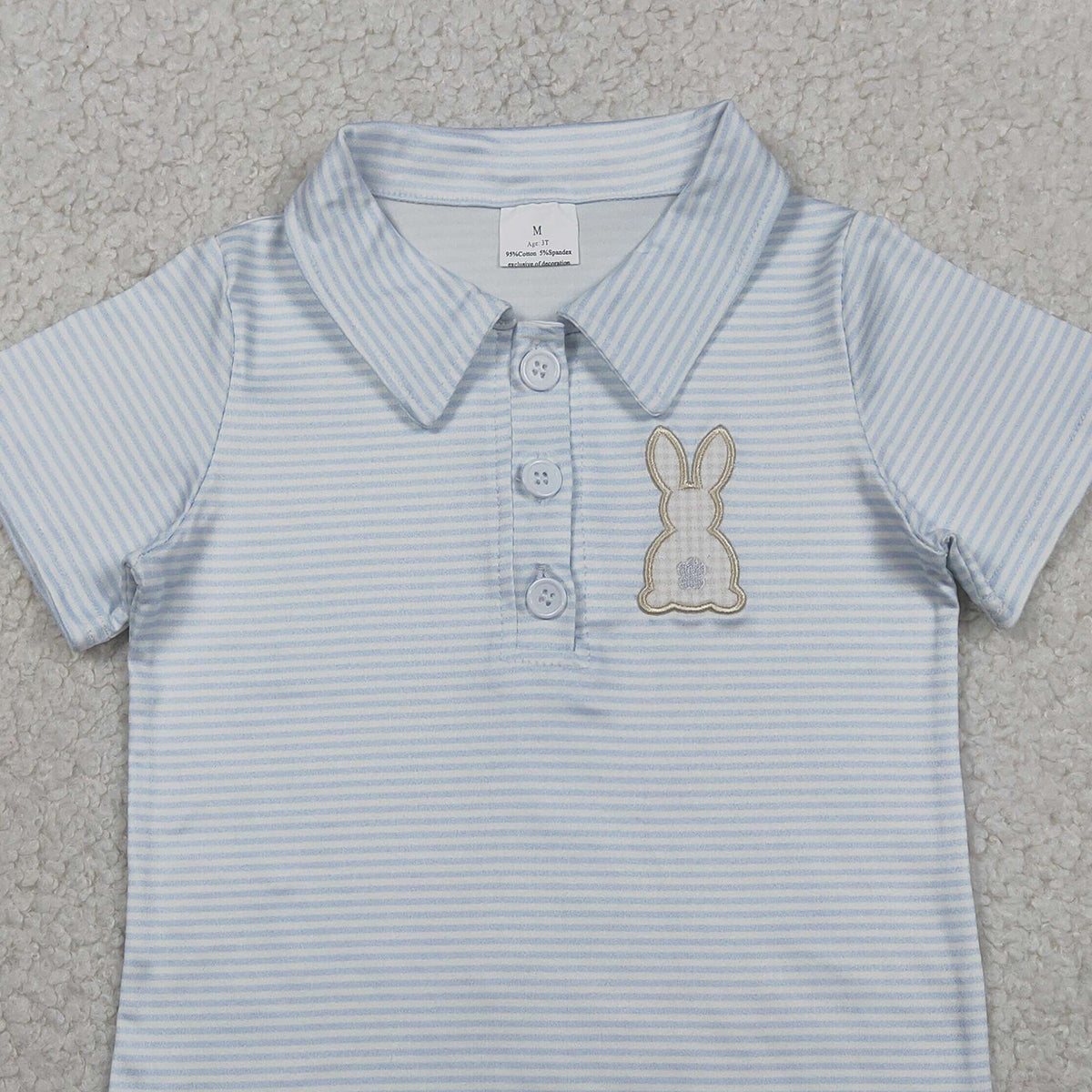 3.30 BT1708 Embroidery Rabbit Baby Boys Light Blue Stripe Easter Button Polo Shirts Top