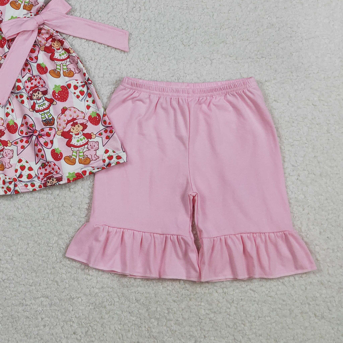3.28 GSSO3104 Sleeveless strawberry bow tunic ruffle shorts girls outfits