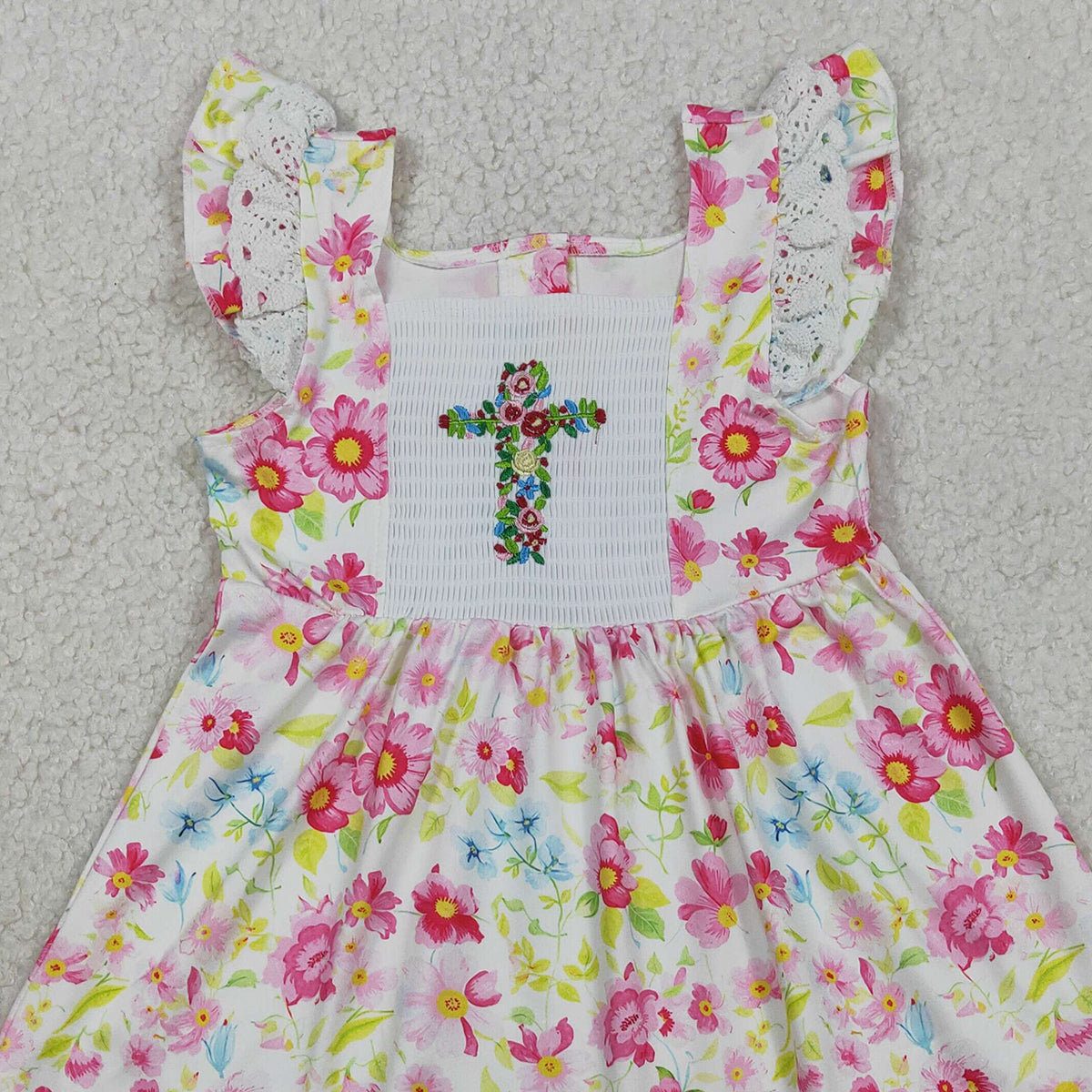 3.31 GSD3313 Smocked Floral Cross Baby Girls Easter Lace Ruffle Knee Length Dresses