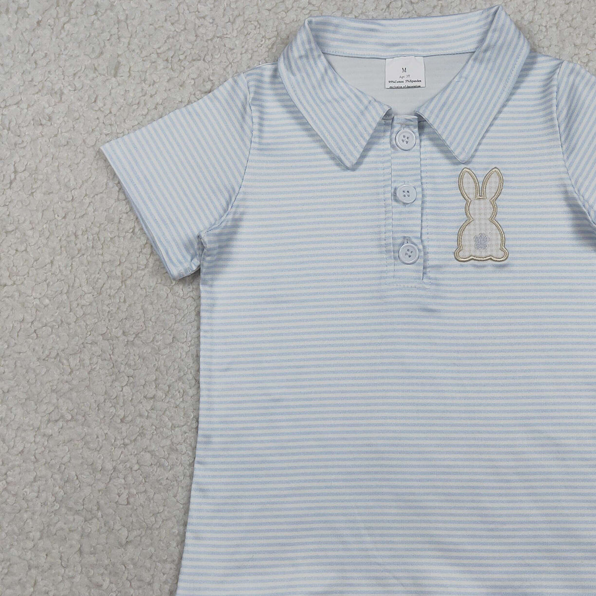 3.30 BT1708 Embroidery Rabbit Baby Boys Light Blue Stripe Easter Button Polo Shirts Top