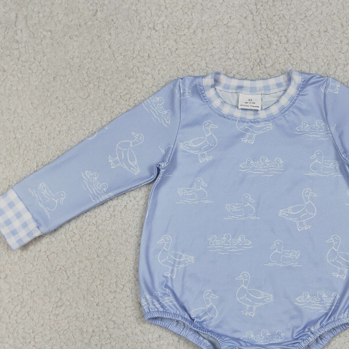 LR2969 Baby Boys Blue Long Sleeve Ducks Hunting Rompers