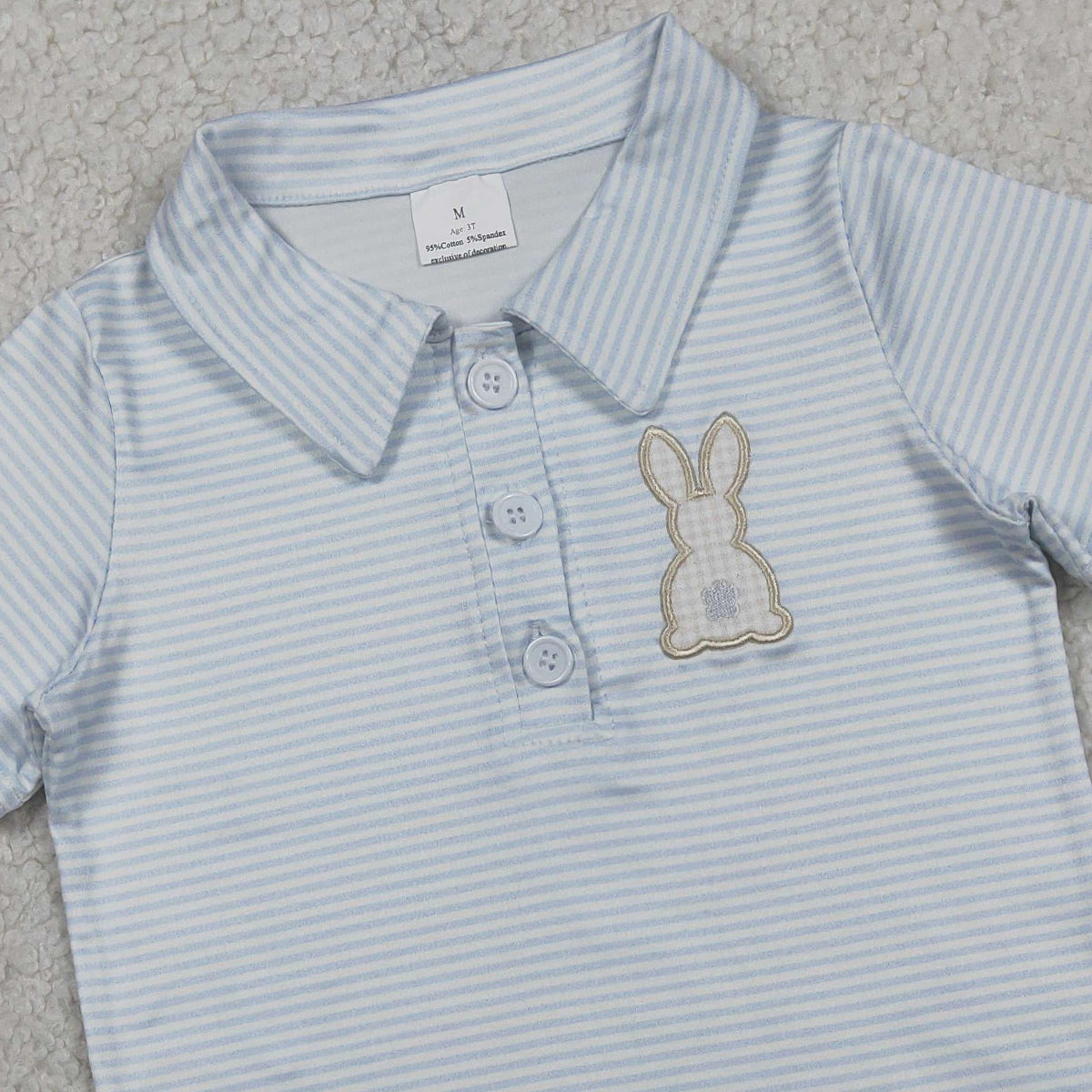 3.30 BT1708 Embroidery Rabbit Baby Boys Light Blue Stripe Easter Button Polo Shirts Top