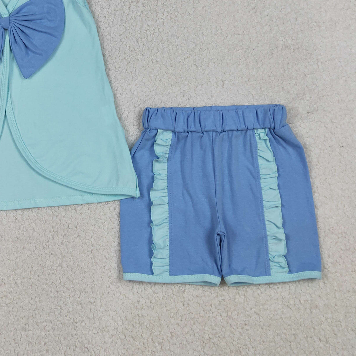 4.1 GSSO3463 Baby Girls Blue Sleeveless Back Bows Tunic Ruffle Shorts Clothes Sets