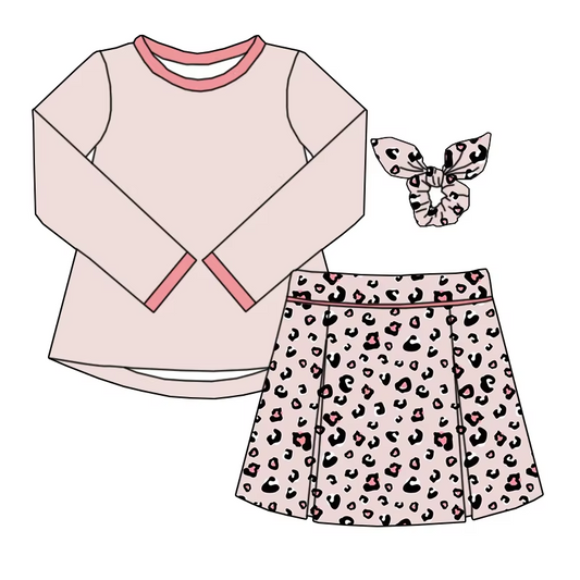 6.10 Solid color top leopard print skirt and pants set