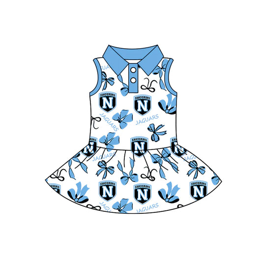 X8.14Baby Girls Sleeveless Blue Bows Jaguars N Button Team Knee Length Dresses