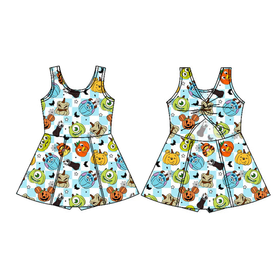 7.18Preorder (moq 5)Baby Girls Sleeveless Cartoon Pumpkins Plaid Shorts Knee Length Dresses