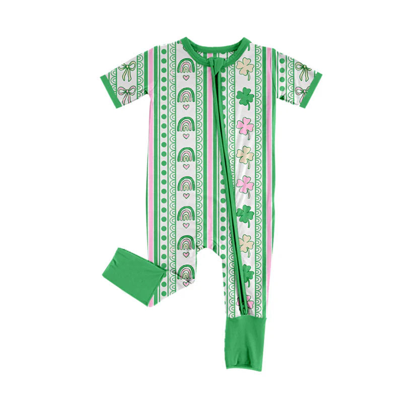 X919Preorder (moq 5)Baby Boys Green Clovers Stripe St Patrick Zipper Footie Rompers