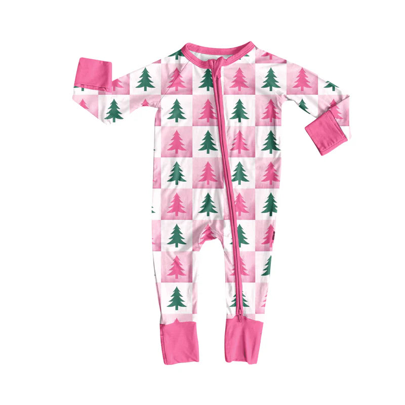 7.16Preorder (moq 5)Baby Girls Long Sleeves Pink Green Trees Plaid Zipper Romper