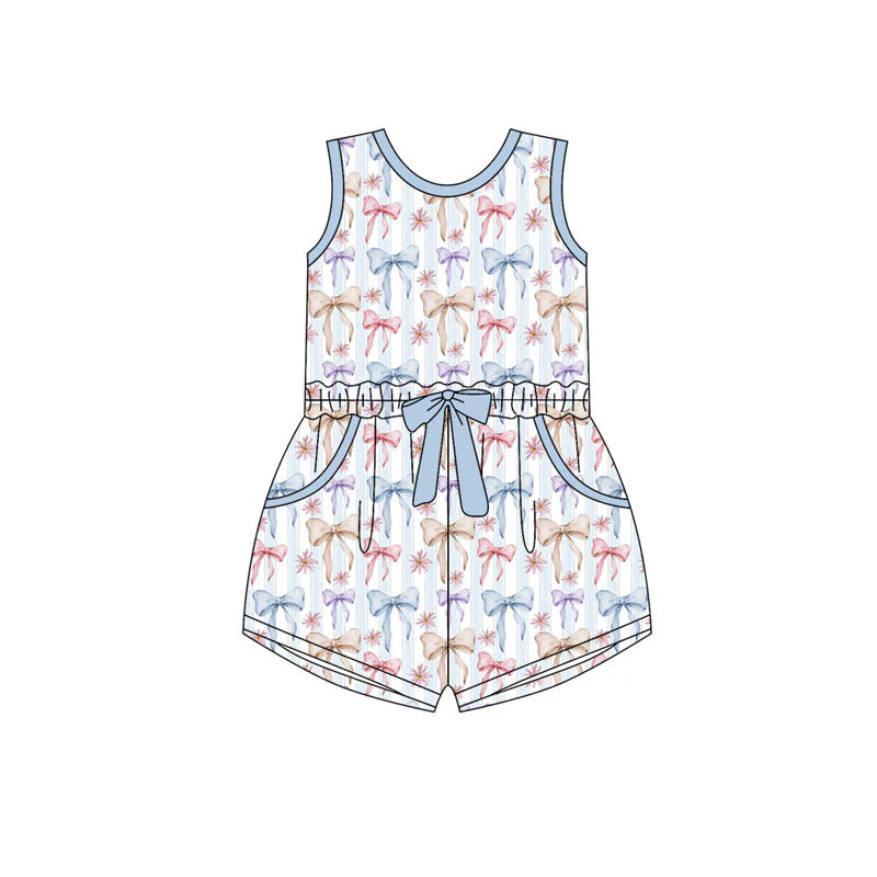 X11.19Preorder(moq 5) Baby Girls Sleeveless Colorful Bows Stripe Pockets Shorts Jumpsuits