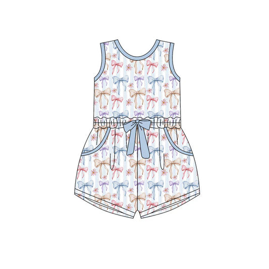 X11.19Preorder(moq 5) Baby Girls Sleeveless Colorful Bows Stripe Pockets Shorts Jumpsuits