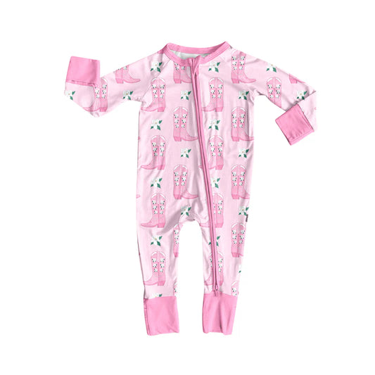 7.16Preorder (moq 5)Baby Girls Long Sleeves Pink Flowers Boots Plaid Zipper Romper