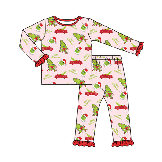 7.31Preorder(moq 5) Baby Girls Long Ruffle Sleeves Trucks Trees Green Face Top Pants Pajamas Set