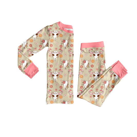 7.10Preorder (moq 5)Baby Girls Long Sleeves Flowers Bull Skull Top Pant Pajamas Clothes Set