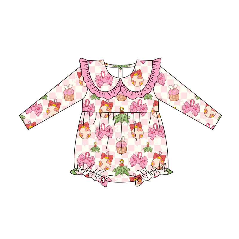 7.16Preorder (moq 5)Baby Girls Long Sleeves Pink Bows Lights Holly Plaid Ruffle Romper