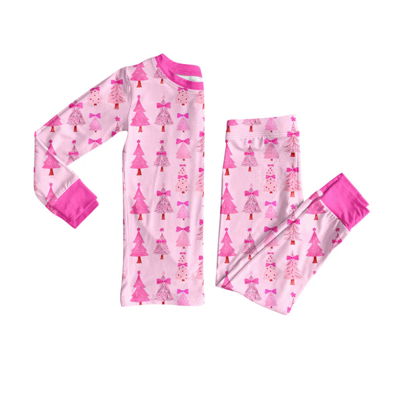 X8.14Baby Girls Christmas Pink Trees Top Pants Lounge Wear Pajamas Sets