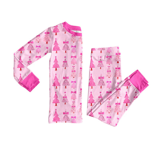 X8.14Baby Girls Christmas Pink Trees Top Pants Lounge Wear Pajamas Sets
