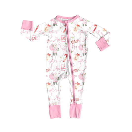 7.16Preorder (moq 5)Baby Girls Long Sleeves Pink Santa Bows Candy Cane Zipper Romper