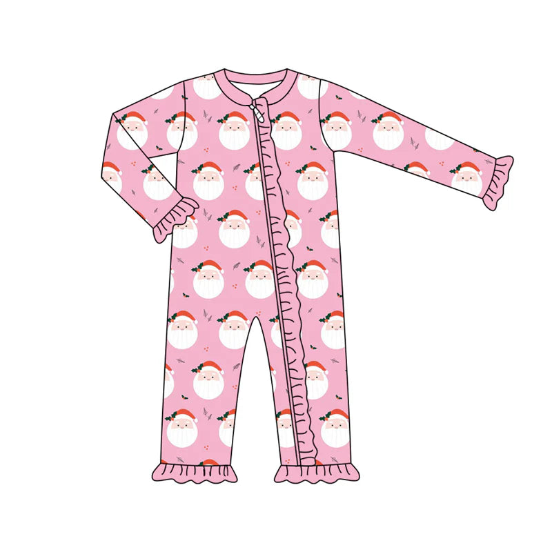 7.16Preorder (moq 5)Baby Girls Pink Long Sleeves Santa Holly Plaid Ruffle Zipper Romper