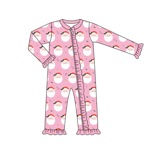 7.16Preorder (moq 5)Baby Girls Pink Long Sleeves Santa Holly Plaid Ruffle Zipper Romper