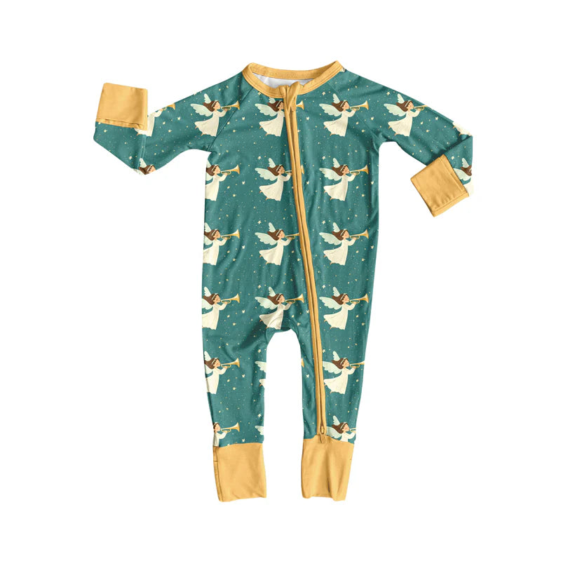 8.4Preorder(moq 5)Baby Infant Boys Green Angles Plaid Christmas Zipper Rompers