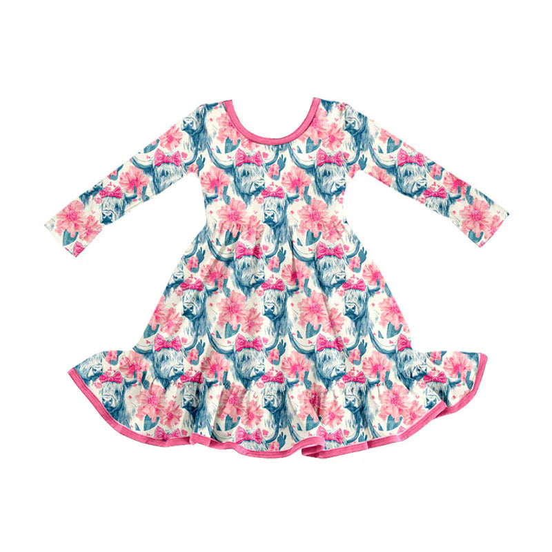 X926Preorder (moq 5)Baby Girls Highland Cows Flowers Western Ruffle Knee Length Dresses