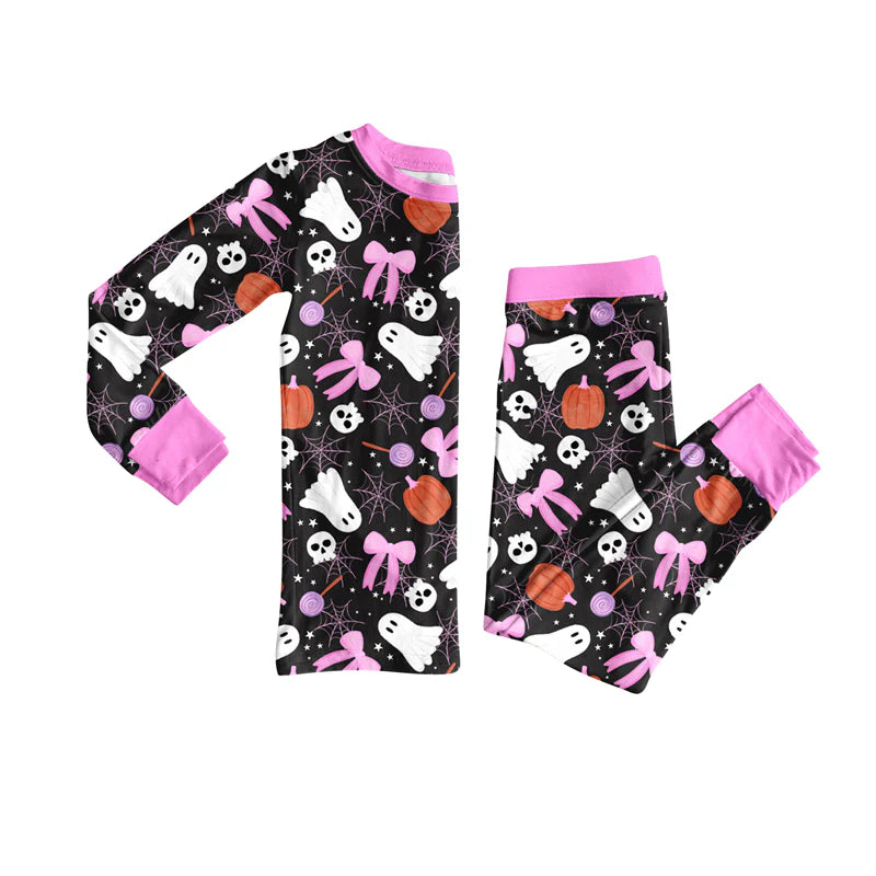 7.31preorder(moq 5) Baby Girls Long Sleeves Bows Ghost Pumpkins Plaid Top Pants Pajamas Set