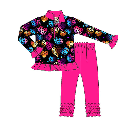 X101Preorder (moq 5)Baby Girls Polka Dots Hearts Zipper Pullover Ruffle Leggings Valentine Clothes Sets