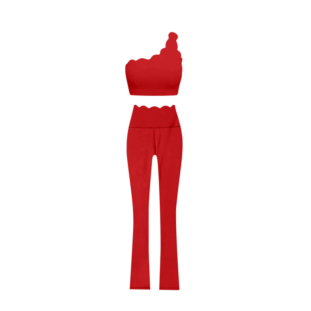6.28Preorder (moq 5)Baby Girls Red One Shoulder Scallop Top Bell Bottom Pants Yoga Sets