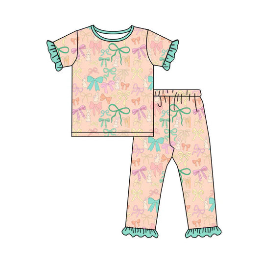 X920 Preorder (moq 5)Baby Girls Colorful Bows Rabbits Top Ruffle Pants Easter Pajamas Sets）