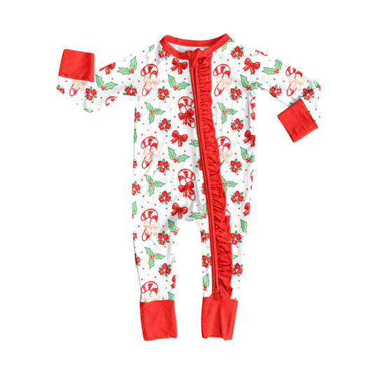 8.12Preorder(moq 5)Baby Girls Christmas Holly Bows Zipper Footie Rompers