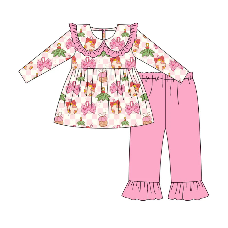 7.10Preorder (moq 5)Baby Girls Long Sleeves Pink Bows Holly Plaid Tunic Ruffle Pant Clothes Set