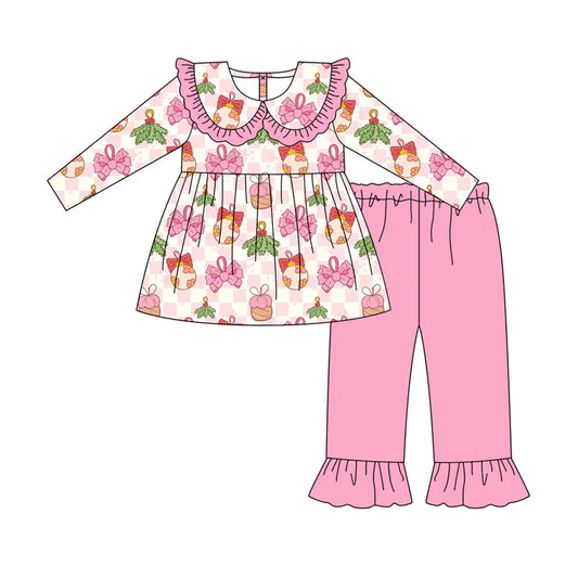 7.10Preorder (moq 5)Baby Girls Long Sleeves Pink Bows Holly Plaid Tunic Ruffle Pant Clothes Set