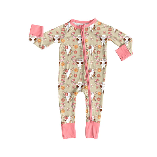 7.16Preorder (moq 5)Baby Girls Pink Long Sleeves Flowers Bull Skull Plaid Zipper Romper