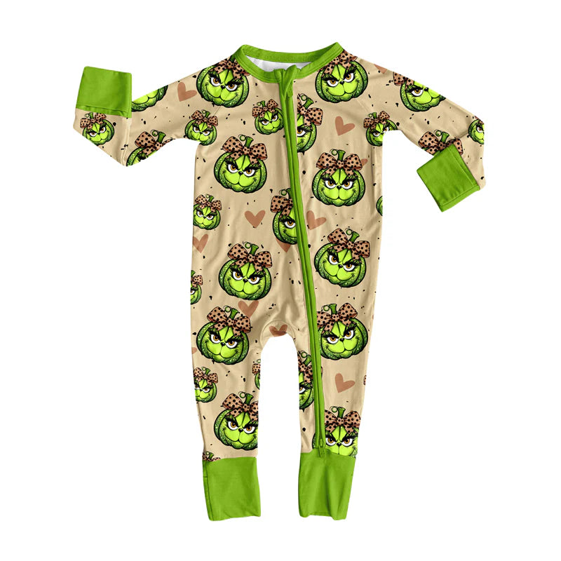 8.6Preorder(moq 5)Baby Infant Boys Long Sleeves Green Face Pumpkins Christmas Zipper Rompers