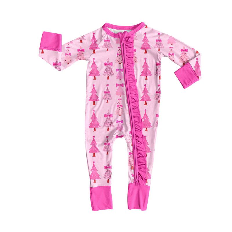 X8.14Baby Girls Christmas Pink Trees Zipper Footie Rompers