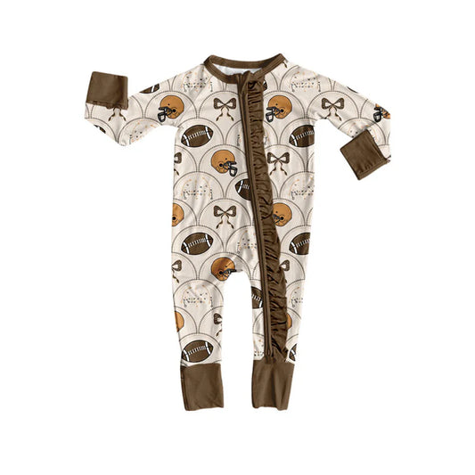 X909Preorder (moq 5)Baby Girls Footballs Bows Checked Team Ruffle Zipper Footie Rompers