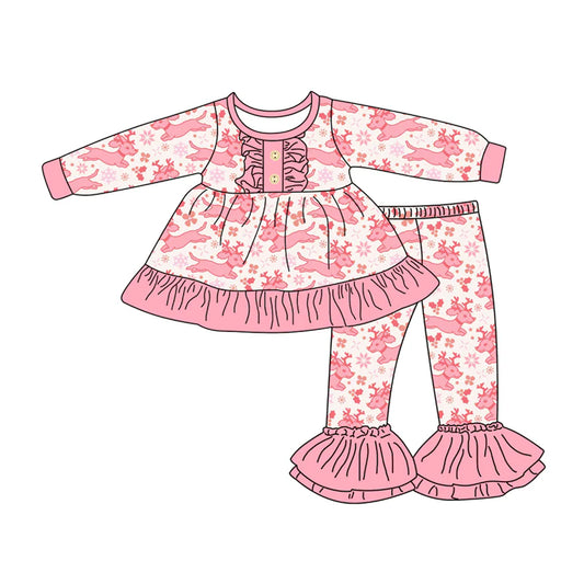 X917Preorder (moq 5)Baby Girls Long Sleeves Christmas Deer Holly Button Tunic Bell Bottom Pants Set
