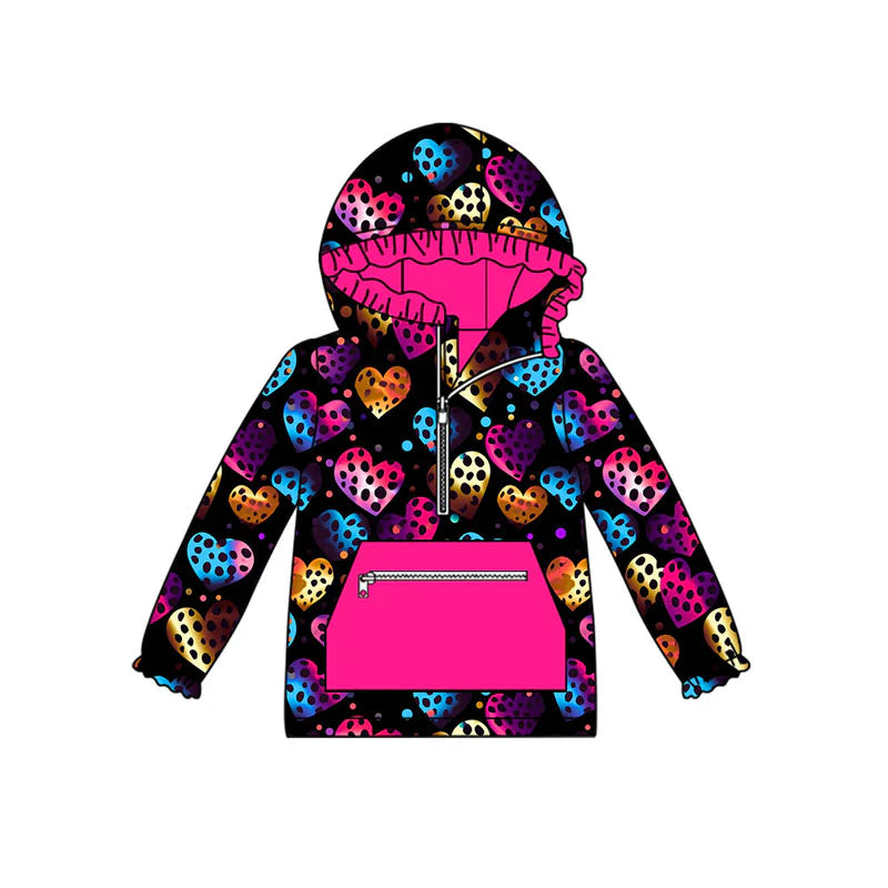 X101Preorder (moq 5)Baby Girls Polka Dots Hearts Pocket Zipper Valentine Ruffle Hoodies Top