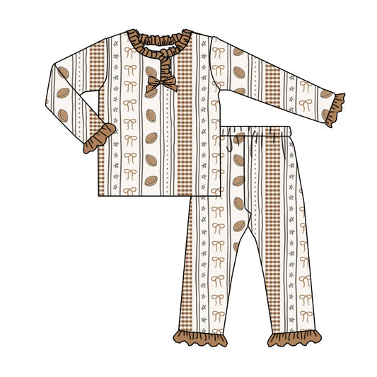 X904Preorder (moq 5)Baby Girls Bows Footballs Stripe Ruffle Pants Team Pajamas Sets