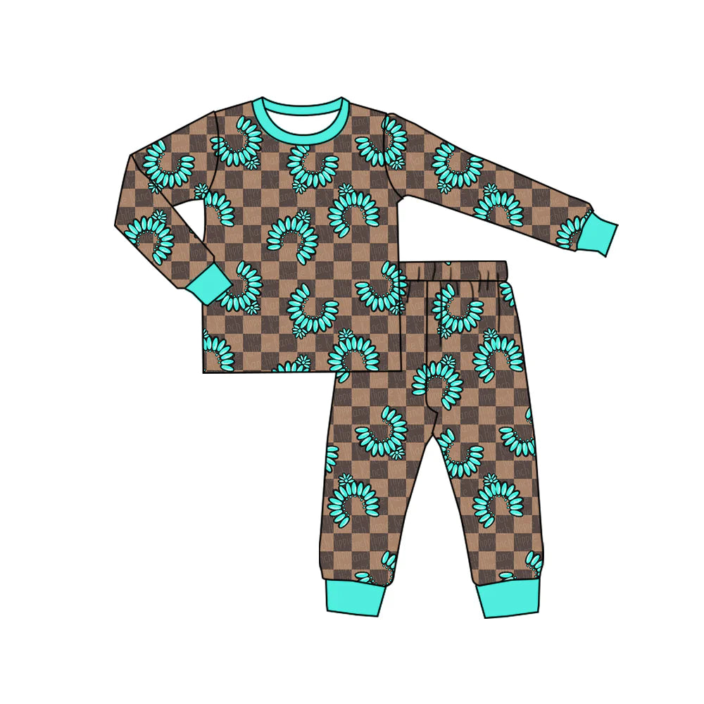 X918Preorder (moq 5)Baby Kids Long Sleeve Khaki Checked Turquoises Top Pants Western Pajamas Sets