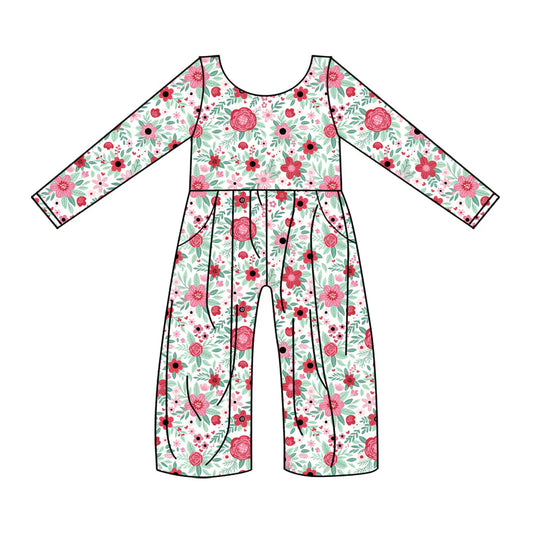 X922Preorder (moq 5)Baby Girls Long Sleeve Red Flowers Pockets Jumpsuits