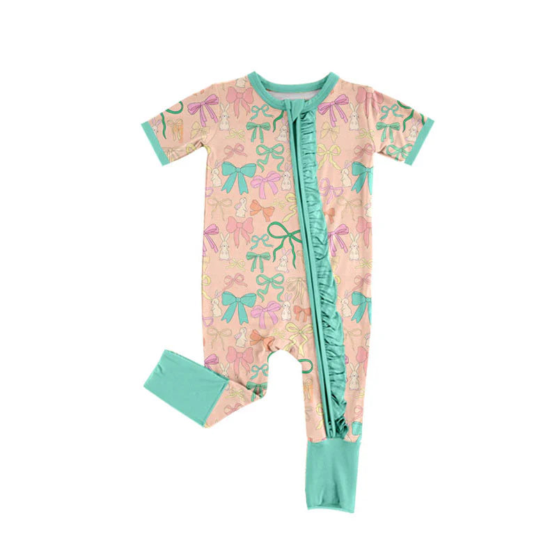X919 Preorder (moq 5)Baby Girls Colorful Bows Rabbits Easter Ruffle Zipper Footie Rompers